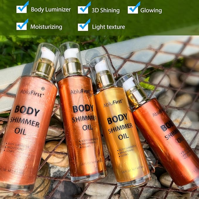 Shimmer Body Oil 4 Colors Face Glitter Summer Body Makeup Moisturizing Light Shimmering Glow Non-Sticky Party Luminizer and Illuminator Smooth (2.8 Fl Oz Pack of 1, Golden Brown)
