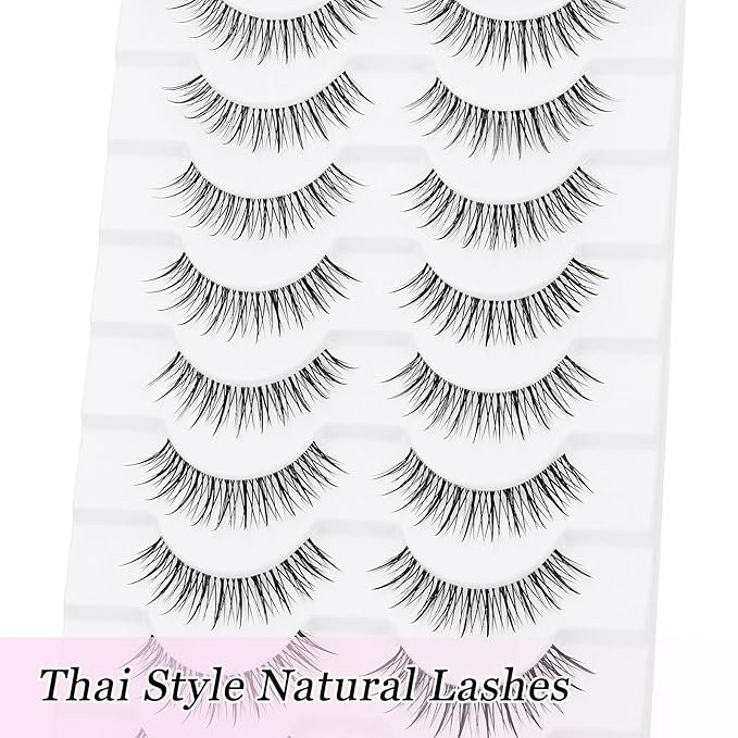 outopen 10 Pairs Manga Lashes Natural Look Clear Band Lashes Japanese Anime Eyelashes Asian Style False Eyelashes Wispy Thin Band False Lashes Korean Makeup Fake Eyelashes Fairy Lash Clusters