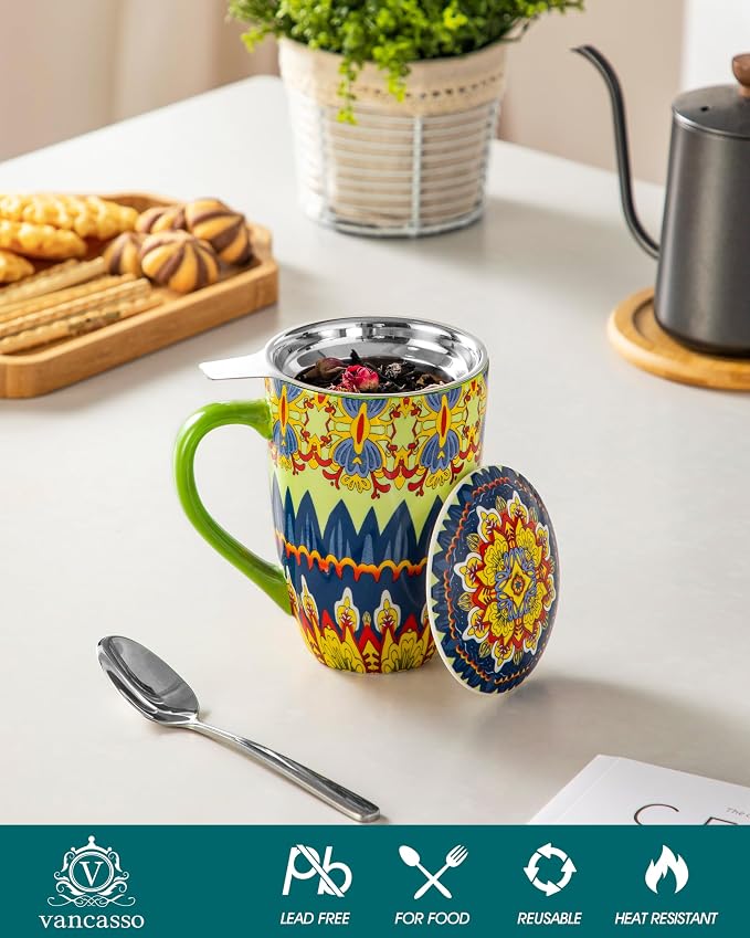 vancasso Ceramic Tea Cup with Infuser and Lid, 18 Ounce Tea Infuser Mug for Loose Leaf Tea, Microwave & Dishwasher Safe, Bohemian Mandala, Gift for Tea Lovers, Mint Petal Whirl