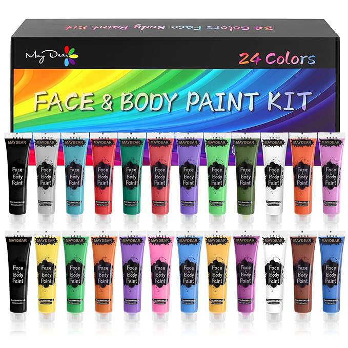 Maydear 24 Colors Liquid Face & Body Paint Kit – Non-Toxic Matte Squeeze-Tube Paints for Kids & Adults, Easy-Wash, Halloween, Cosplay & Stage Makeup