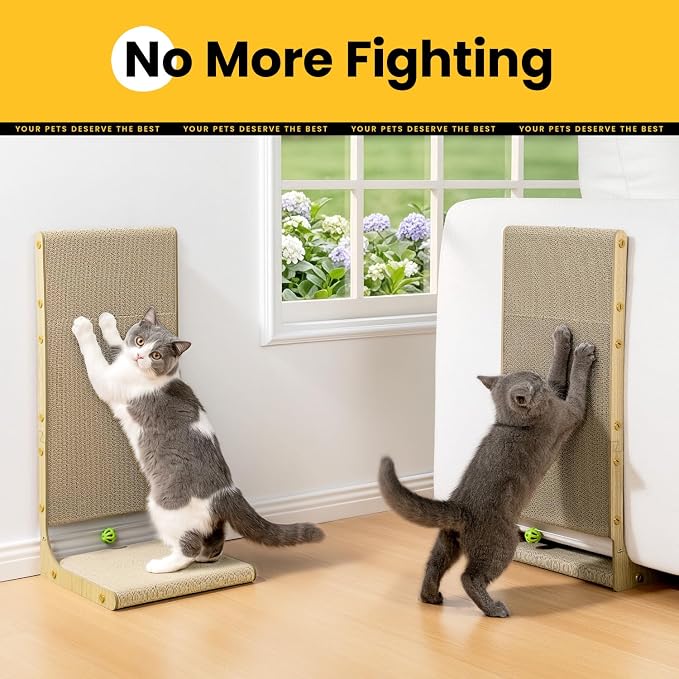 Conlun Cardboard L Shape Cat Scratcher 22"(2 Pack) | Vertical Wall-Leaning Scratching Board & Cosy Lounge Bed, Sofa Protector with Bell Toy,Wood Grain，Medium