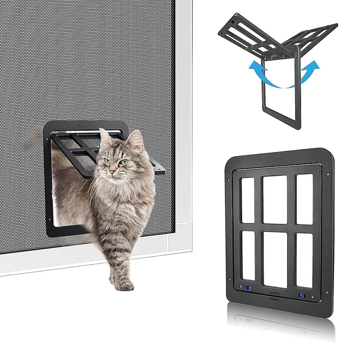 Small Pet Door for Screen & Sliding Doors - 8.3" x 10.3" Magnetic Auto-Close Flap with Lockable Insert, Ideal for Cats & Small Dogs, Black