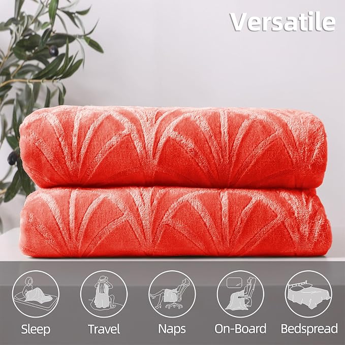 Whale Flotilla Flannel Fleece Fall Bed Blanket Twin Size, Coral | Lightweight Breathable Soft Bedspread, Plush Fluffy Coverlet Chevron Design Decorative Blanket for Home Life, 60x80 Inch