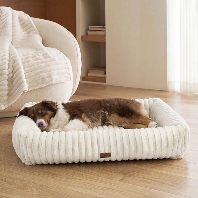 Bedsure ComfyFleece™ Cute Dog Beds Large Sized Dog Washable，40in Cream | Furry Big Rectangle XL Pet Beds, Aesthetic,Orthopedic Corduroy Fleece,Removable Zipper Cover,Non-Slip Bottom,Up To 75 Lbs