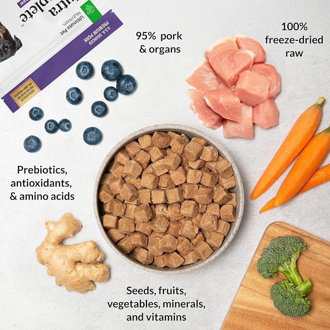 ULTIMATE PET NUTRITION Nutra Complete Freeze-Dried Dog Food, Pork 1lb x4 | Vet-formulated dog food with antioxidants, prebiotics & amino acids, full meal or topper for adult canines, all breeds/sizes
