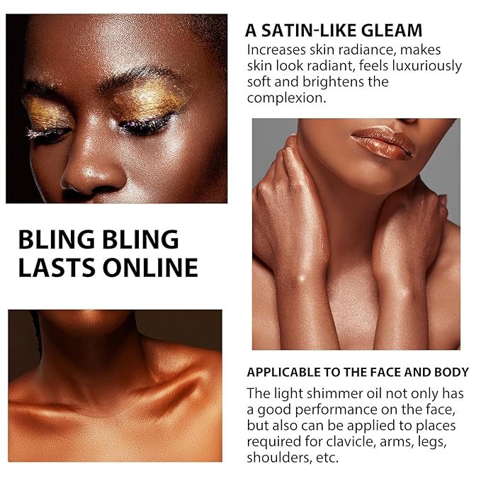 Shimmer Body Oil 100ml Face Glitter Summer Body Moisturizing Light Shimmering Glow Non-Sticky Party Luminizer and Illuminator Smooth (3.38 Fl Oz Pack of 1, Bronze Gold)