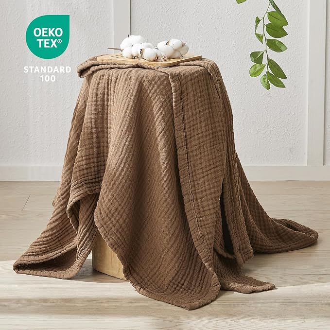 EMME Muslin Blankets for Adults Throw Blanket for Couch Breathable Gauze Soft Lightweight Airy Brown Twin 60" x 80"