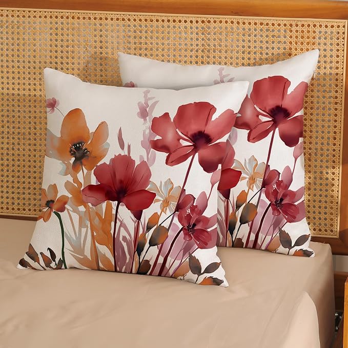 Floral Pillow Covers 18x18 Inches Set of 2 Burgundy Red Orange Floral Throw Pillow Covers Outdoor Rustic Flower Decoration Pillowcase Farmhouse Decorative Cushion Cover for Home Sofa Couch