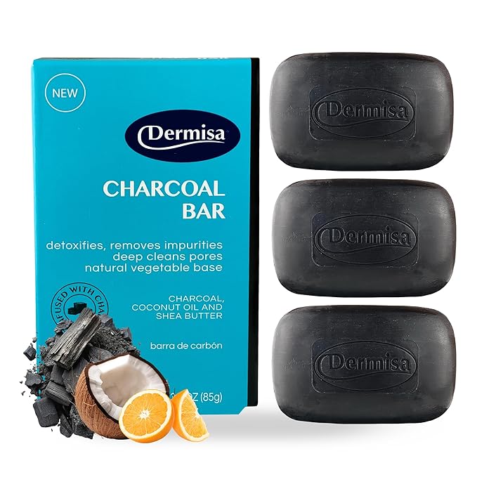 Dermisa Detoxifying Charcoal Bar Soap with Activated Charcoal, Coconut Oil and Shea Butter - Deep Pore Cleansing and Acne Treatment Soap for All Skin Types, 3.0 oz, Pack of 3