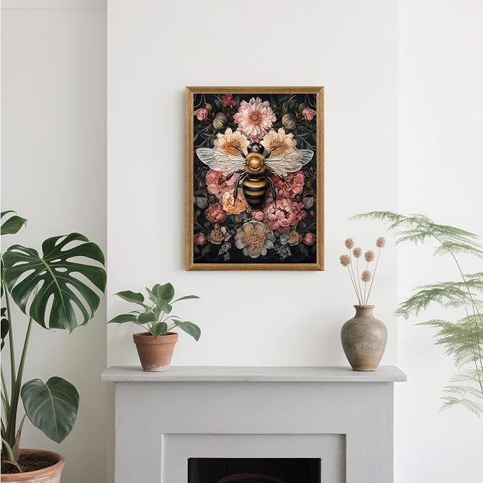 ICHZUMW Framed William Morris Bee Floral Vintage Canvas Wall Art 12x16 In | Dark Cottagecore Prints, Antique Aesthetic Bumblebee Wall Decor for Bedroom Living Room Bathroom Office, Ready to Hang
