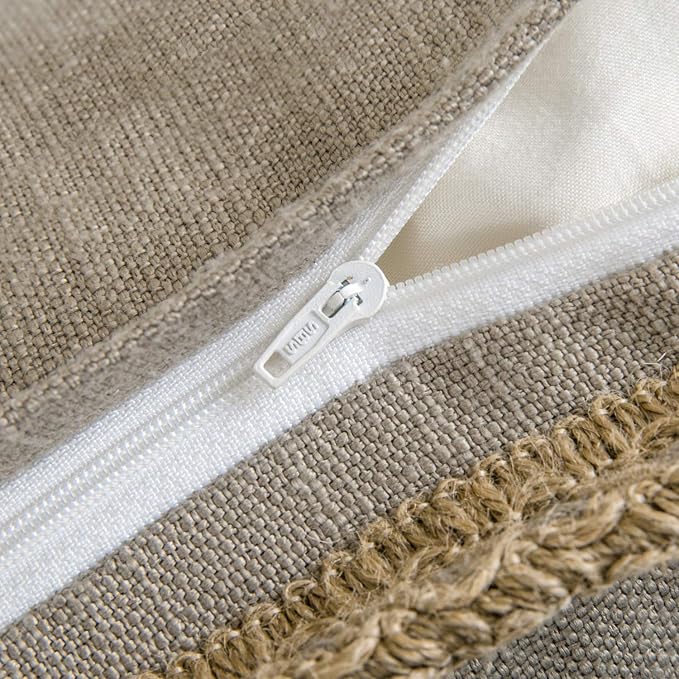 Phantoscope Pack of 2 Farmhouse Decorative Solid Throw Decorative Pillow Cover Burlap Linen Trimmed Tailored Edges Beige 26 x 26 inches, 65 x 65 cm