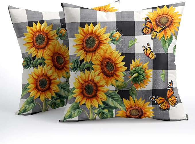 Sunflower Pillow Covers 18X18 Inch Set of 2 Black White Buffalo Plaid Flower Decorative Pillow Cases Spring Summer Floral Cushion Case Farmhouse Modern Home Decor for Sofa Couch Bedroom