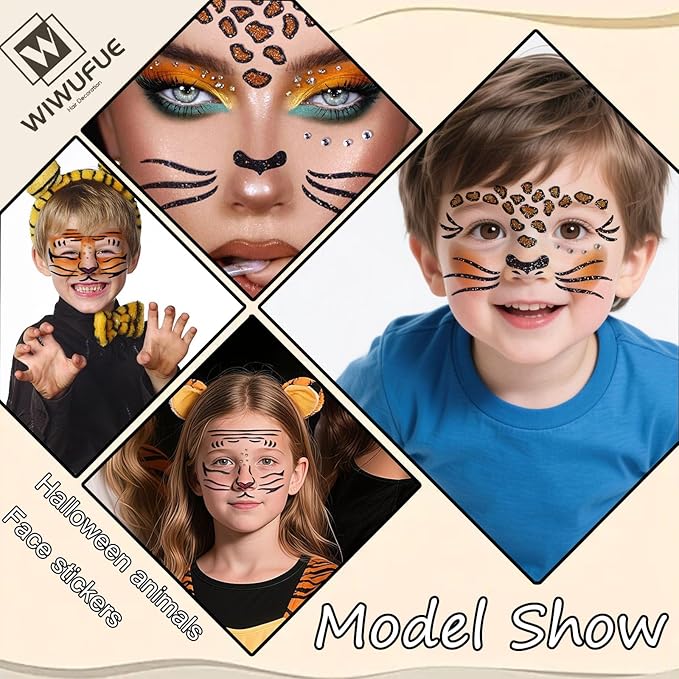 Leopard Tiger Glitter Face Tattoo Stickers for Kids - Temporary Body Art Makeup for Halloween, Cosplay, Birthday Party, Festival - Waterproof Fake Tattoo Stickers - 2Pcs (Wild Animal Design)