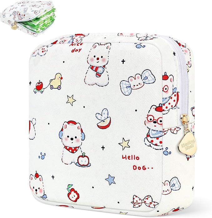 Sanitary Pad Storage Bag Portable Period Bag for Teen Pads/Sanitary Napkins/Small Tampons, Sanitary Napkin Storage Bag First Period Gifts for Teen Girls (White Puppy)