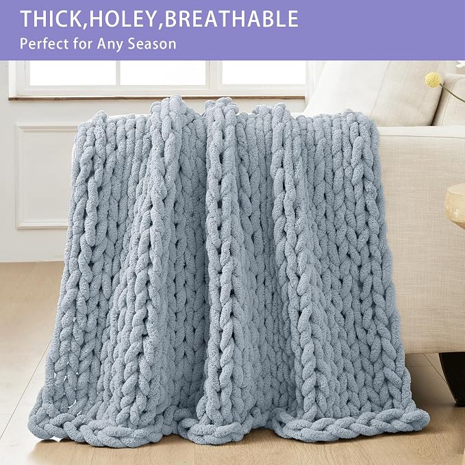 Bigacogo Chunky Knit Throw Blanket for Couch, 40x40 inches, Fog Blue | Hand Knit with Jumbo Chenille, Soft Breathable Cable Knit for Sofa Bed Living Room, Machine Washable, Gift for Mom Friend