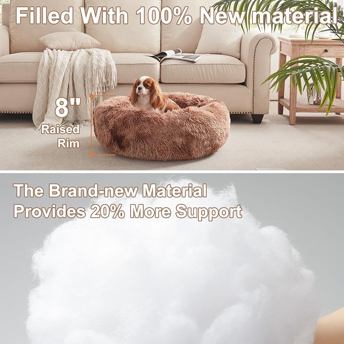 30 in Faux Fur Fluffy Donut Dog Bed for Medium Dogs,Tie-dye Brown | Calming Plush Round Pet Bed with Removable & Washable Cover,Fits up to 45 lbs Pets