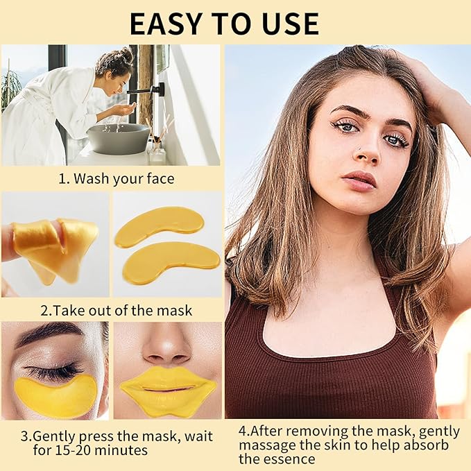 60 Pcs Moisturizing Lip & Eye Masks,Gold Lip Masks,Gold Under Eye Patches for Puffy Eyes and Dark Circles,Collagen Lips Mask Sheet, Skincare for Dry Lips,Reducing Fine Lines
