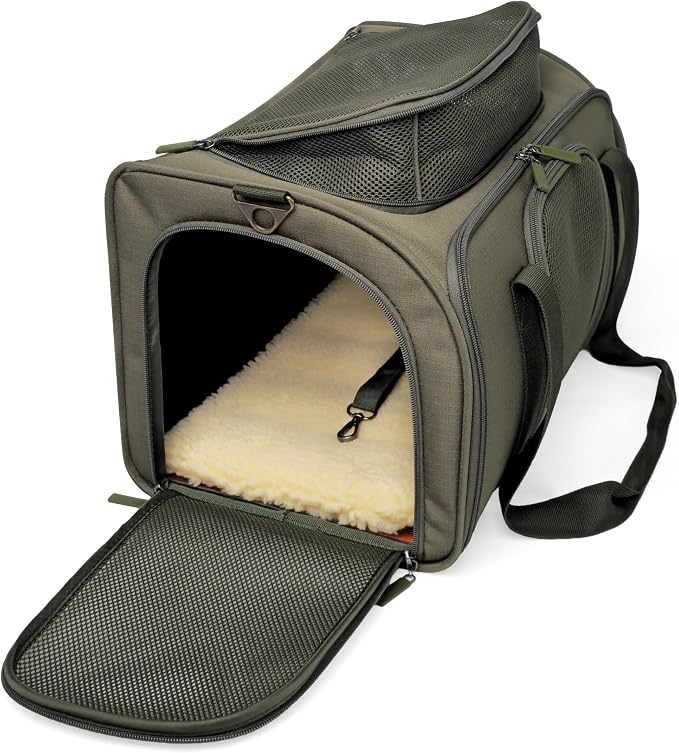 Airline-Approved Pet Carrier with Expandable Pop-Up Mesh Window, Waterproof Bottom & Plush Washable Pad (Moss Green)