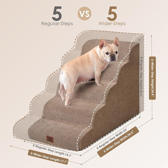 EHEYCIGA Curved Dog Stairs Ramp, 5-Step Extra Wide High Beds, Dog Steps | 33D density of pure foam, for Small Dogs and Cats, Pet Stairs for High Bed Climbing, Non-Slip Balanced Indoor, Camel