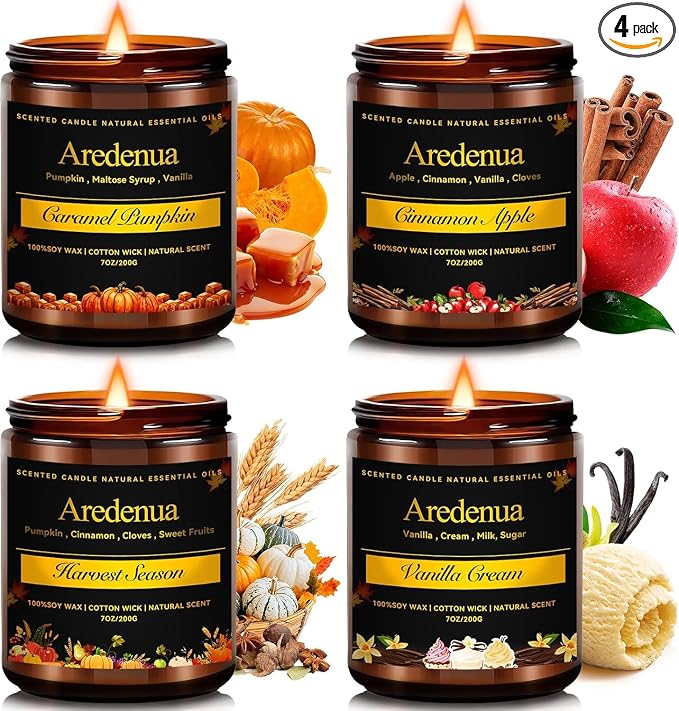 Fall Candles Set – 4 Pack Cozy Autumn Seasonal Candles Gift - Caramel Pumpkin, Cinnamon Apple, Harvest Season & Vanilla Cream, 28oz Soy Candles for Christmas Cozy Winter Gifting