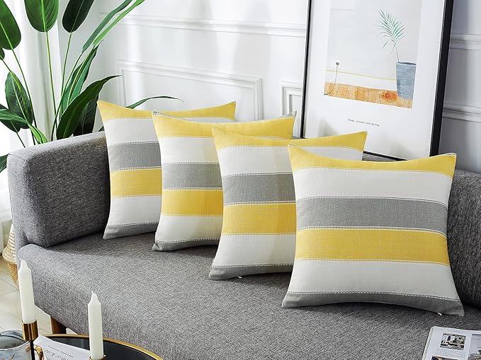 Pack of 2 Farmhouse Stripe Check Throw Pillow Covers Set Case Cotton Linen Decorative Pillowcases Cushion Cover for Couch Bench Sofa 24x24Inch Yellow Beige