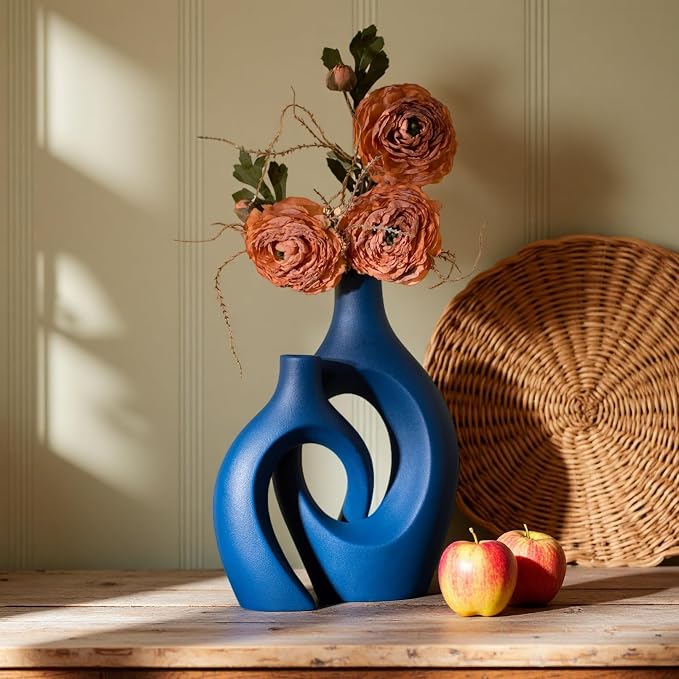 Snuggle Hollow Ceramic Vase Set of 2, 11 inch Modern Nordic Coastal Shaped Pampas Grass Aesthetic Decorative Table Vases for Living Room Shelf Home Decor (Matte Navy Blue -L)