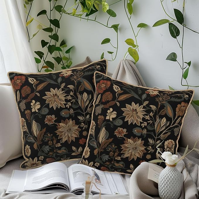 Black Boho Vintage Flowers Velvet Pillow Covers 16x16 Inch Retro Art Brown Floral Throw Pillows for Couch Cushion Covers Pillowcase Farmhouse Bohemian Pillow Cases for Sofa Bed Bedroom