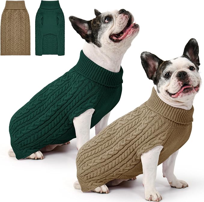 Dog Sweater 2 Pack for Medium Dogs, Size M, Green & Brown | Stretchy cable knit turtleneck, machine washable, high belly cut, comfy winter fit for French Bulldog, Pug