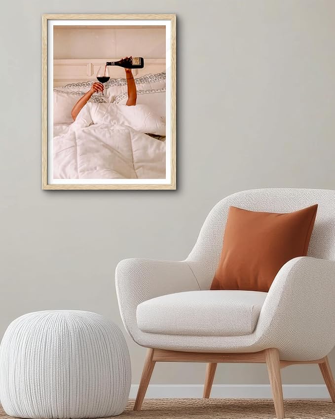 EcoHest 16x20 in Woman Drinking Wine in Bed Framed Wall Art for Bedroom | Solid Oak Wood Frame with Canvas Wall Art, Feminist Wine Wall Decor for Bathroom, Apartment, Dorm, College Room, 1Pack