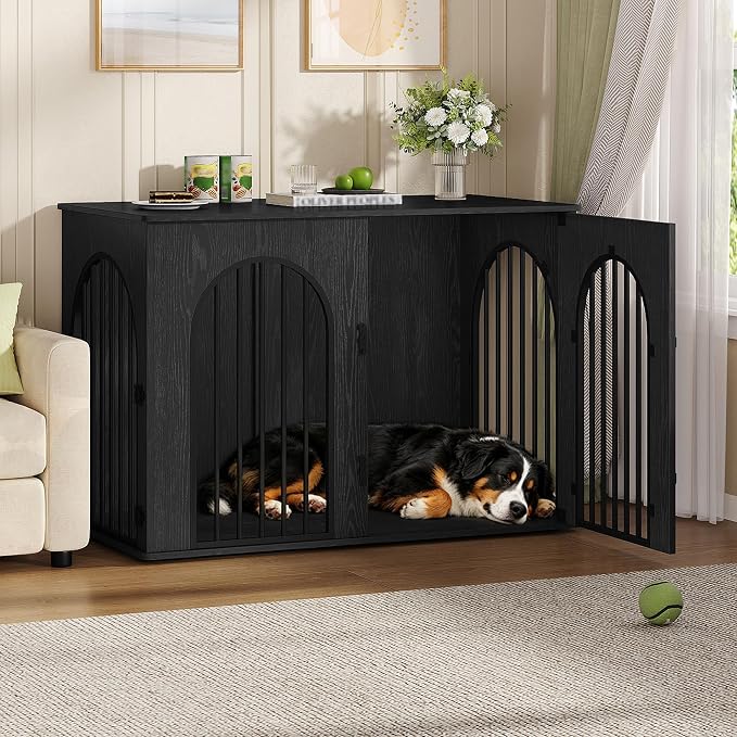 Hzuaneri 46.5'' Dog Crate Furniture,Dog Kennel Indoor for Medium/Large Dogs | Dog Kennel Furniture Wooden Dog Cage Heavy Duty Dog Crate Decorative Pet House End Side Table TV Stand,Black DFC93904B