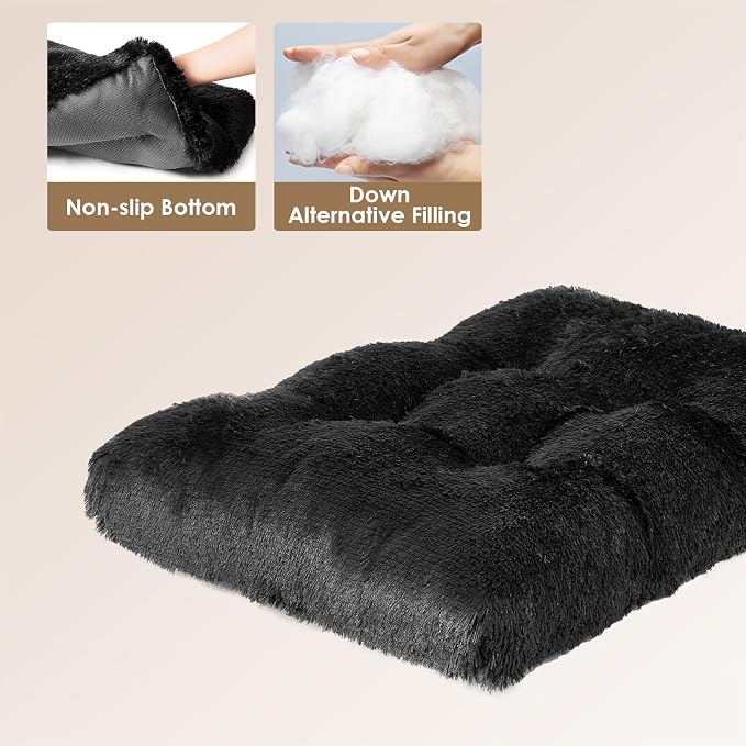 EHEYCIGA Fluffy Dog Crate Bed for Large Dogs, Plush Faux Fur Pad, Black | Calming Anti Anxiety Large Dog Crate Bed, Washable Soft Warm Mat with Non-Slip Bottom