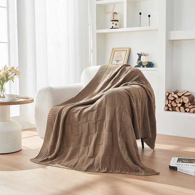 CozeCube Light Brown Knitted Checkered Throw Blanket 50"X60" | Check Knit Throw for Couch, Decorative Christmas Soft Cozy Warm Blanket for Bed Sofa Living Room