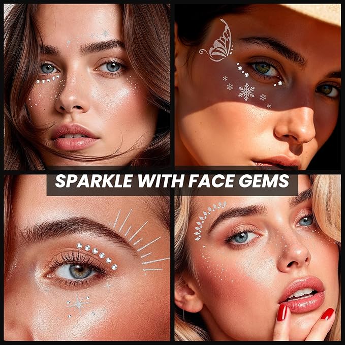 30PCS Glitter Freckles Face Tattoos & Face Gems Set, Classic Silver Glitter Temporary Tattoos Makeup Patches, Fake Freckles Face Glitter for Women’s Rave Outfits & Accessories