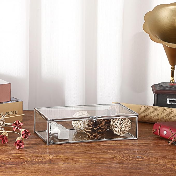 Hipiwe Glass Keepsake Display Box Large Clear Jewelry Lidded Boxes with Lid | Decorative Glass Boxes Rectangle Display Organizer for Trinket Perfume Collection - Gift for Birthday Anniversaries