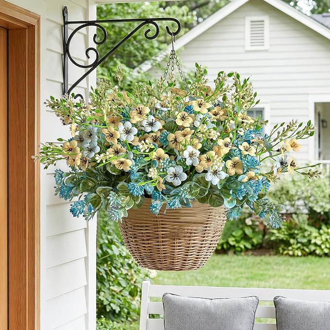 RM ROOMERS Artificial Flowers Plants for Outdoors, Fake Flowers Blue&Yellow | Forget-me-not UV Resistant Faux Flower for Garden Porch Windowbox Front Door Yard No Fade Home Vase Decor(4 Bundles/24 Stems)