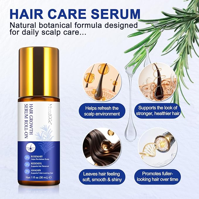 Hair Growth Serum Roll On, Hair Growth Serum Rosemary Oil Helps Hair Growth for Men and Women, Support Scalp Health, Fast-Absorbing, Non-Greasy (30ml)