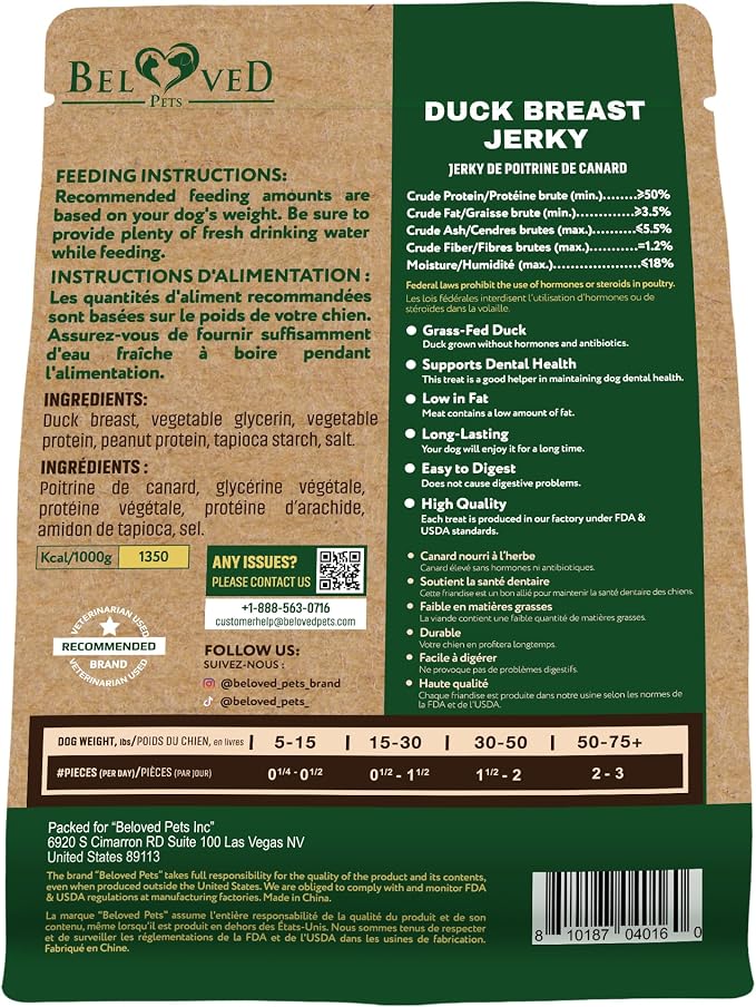 Beloved Pets Dog Treats Duck Jerky Breast - Human Grade Meat Sticks 10.6 oz - Natural Pet Dried Snacks Rawhide - Free - Long Lasting Chews for Large & Small Dogs
