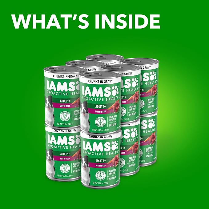 IAMS Proactive Health Chunks in Gravy Wet Dog Food, Beef, 13 oz, 12 Pack | Real beef, chunks in gravy, Omega-6 for skin & coat, no fillers or artificial flavors, 100% complete & balanced, canned food