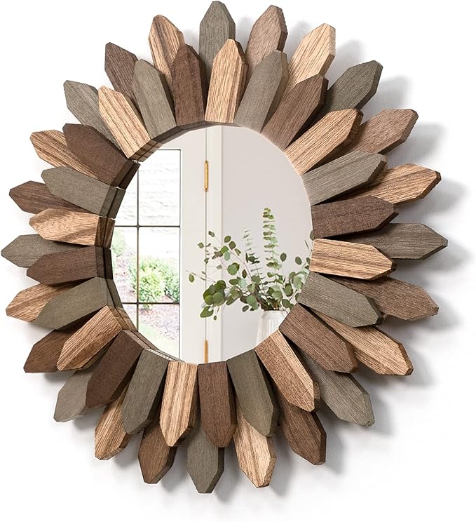 Boho Wall Decor 12 inch Decorative Mirror with Rustic Wood Sunburst Frame, Perfect for Bedroom, Living Room, Bathroom, Kitchen