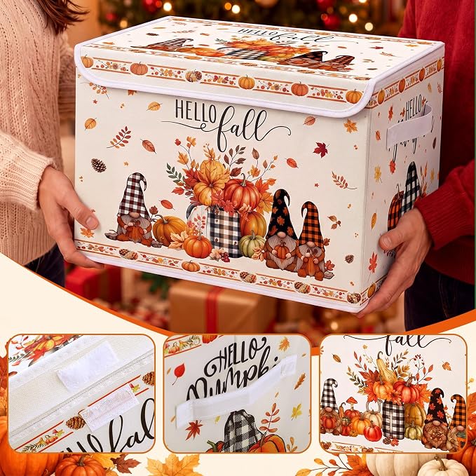 Briwooody Fall Storage Bin with Lid and Carrying Handle Pumpkin Gnome Foldable Storage Box Large Autumn Harvest Decorative Collapsible Container Basket for Organizing Closet Home Bedroom Fall Gifts