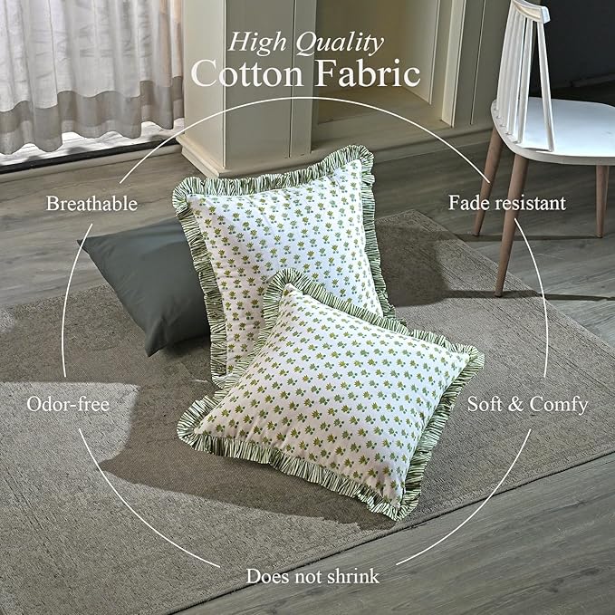 CPC Lotus Meadow Hand Block Print 100% Cotton Ruffle Throw Pillow Cover 18x18 inch with Hidden Zipper Decorative for Couch, Bed, Sofa, Farmhouse, Cottagecore Decor Gift Christmas Fall Thanksgiving