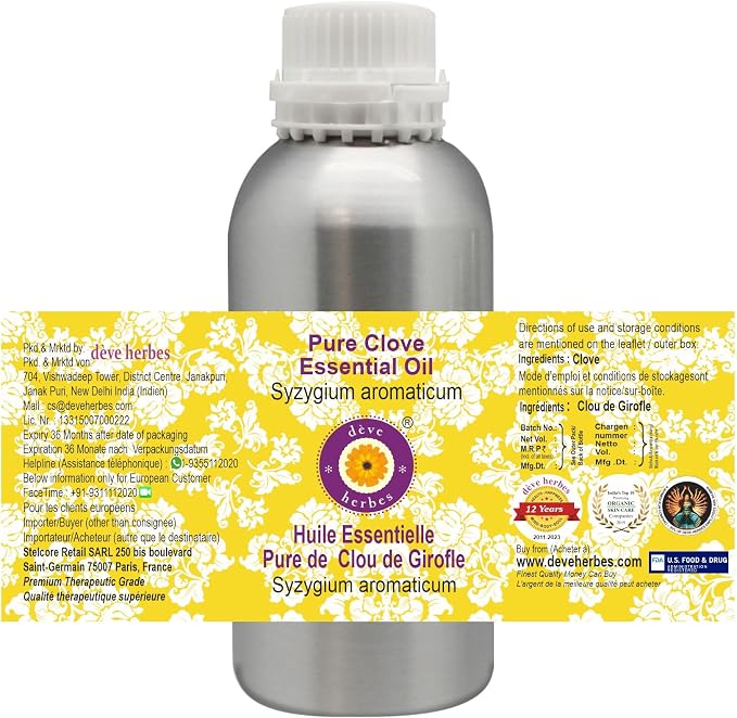 Deve Herbes Pure Clove Essential Oil (Syzygium aromaticum) Steam Distilled 630ml (21 oz)
