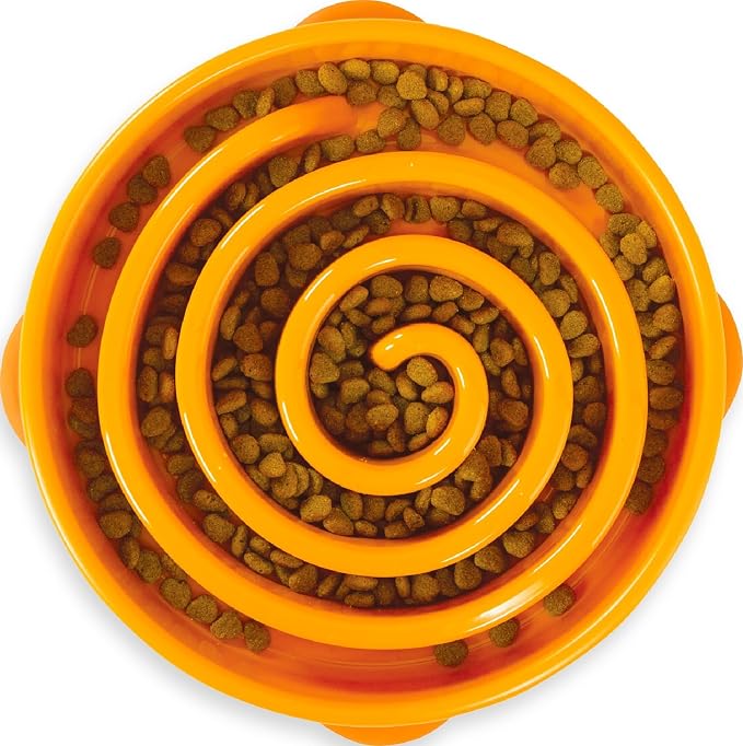 Outward Hound Fun Feeder Slo Bowl – Large 4‑Cup Capacity, Slow Feeding, Medium to Large Dogs, Non‑Slip, Orange, Swirl Pattern