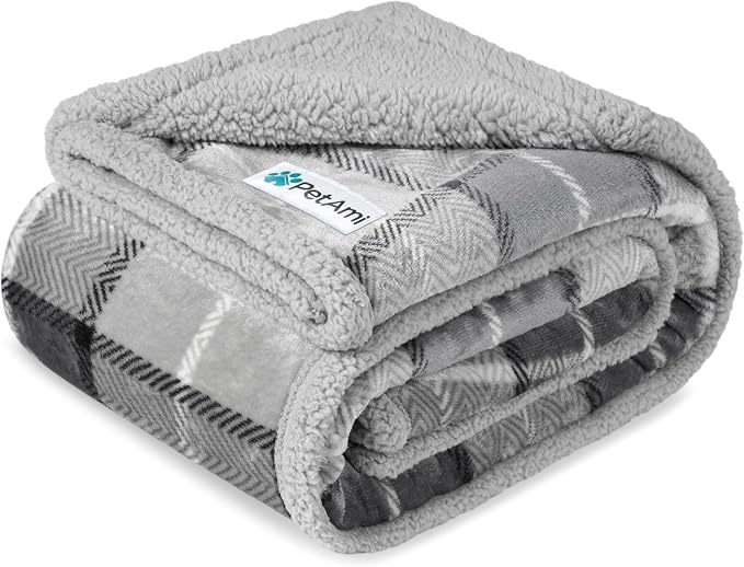 PetAmi Waterproof Dog Blanket for Large Pet Cat, 60x80, Plaid Light Grey | 460 GSM Sherpa Fleece Reversible, Pee Proof, Furniture Protector Cover for Couch Sofa Bed Kennel, Washable, Extra Large
