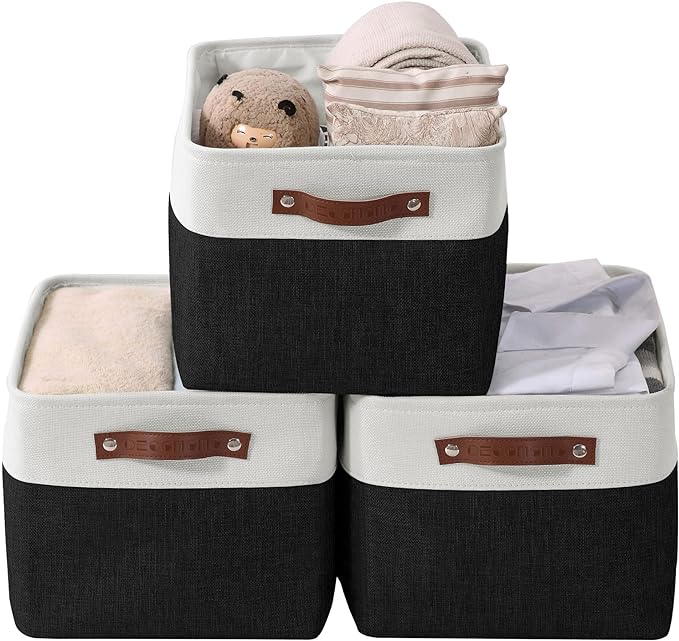 DECOMOMO Storage Bins, Extra Large Fabric Storage Baskets for Shelves 3Pack | 15.8 x 12.5 x 10 inches Decorative Linen Closet Organizers (Black & White)