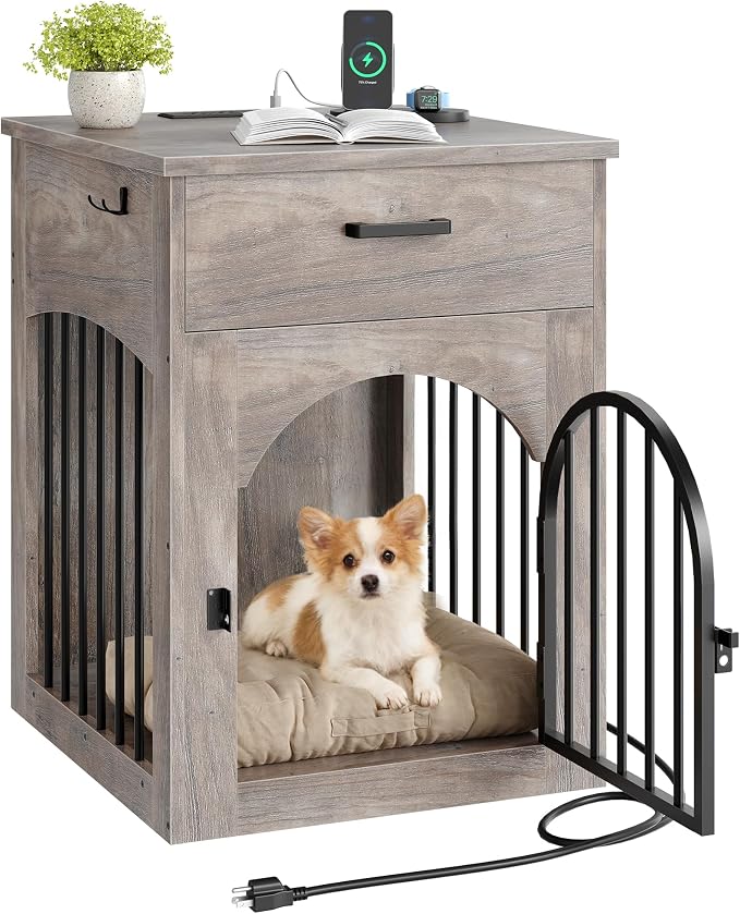 CHOEZON Dog Crate Furniture, Wooden Dog Kennel with Charging Station and Storage Drawer, Indoor Pet Crate End Table for Small Breeds, Dog Cage Furniture for Living Room, Bedroom, Greige MGW01UFH