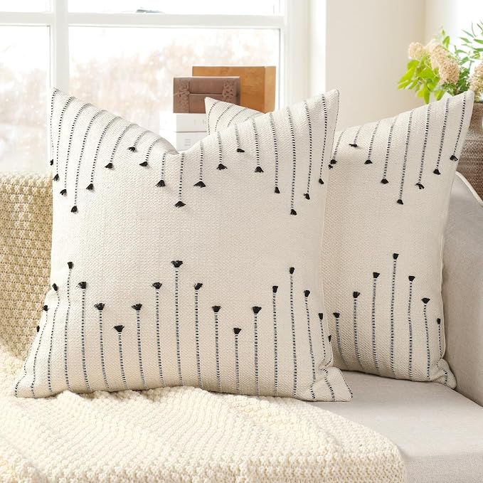 YCOLL Boho Outdoor Throw Pillow Covers 20x20 Set of 2 Neutral Woven Decorative Pillowcases Cotton Tufted Couch Pillows Modern Farmhouse Cushion Covers for Sofa Couch Bed Living Room Home Decor, Black