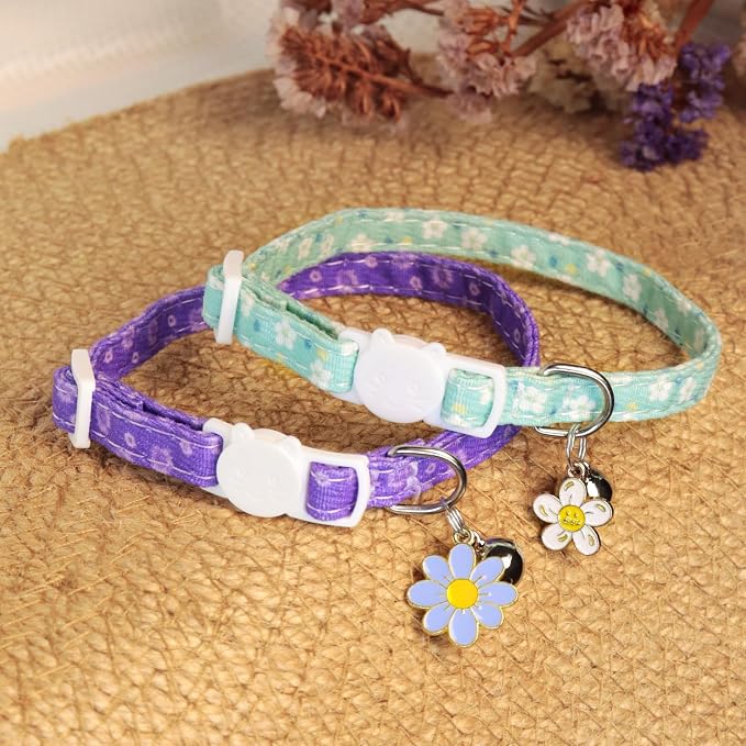 Cat Collars for Girl Cats & Boys, 2 Pack Soft Cotton Breakaway Collar with Removable Bell and Cute Charms, Adjustable Safety Pet Necklace, Flower