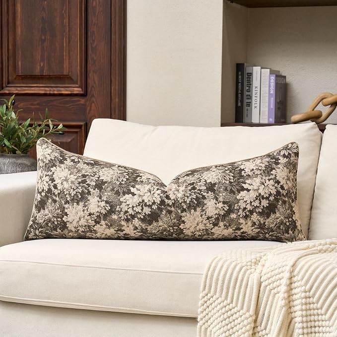 Neutral Floral Pillow Cover 14 x 36 Inches, Vintage Chenille Accent Throw Pillow Cover Soft Decorative Farmhouse Accent Couch Pillow Cover for Living Room Bedroom, Grey