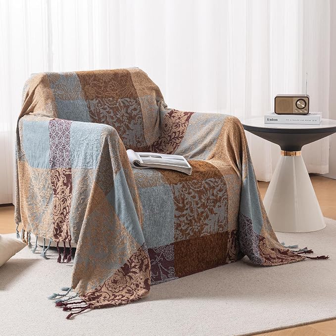 Bohemian Chenille Throw Blanket, Boho Jacquard Tassels Cover for Couch Bed, Decorative Sofa Slipcover Protector - Colorful Tribal Pattern (Vintage, 60 * 75 in)